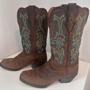 Justin Boots Brown Heeled Boots with Turquoise Embroidery